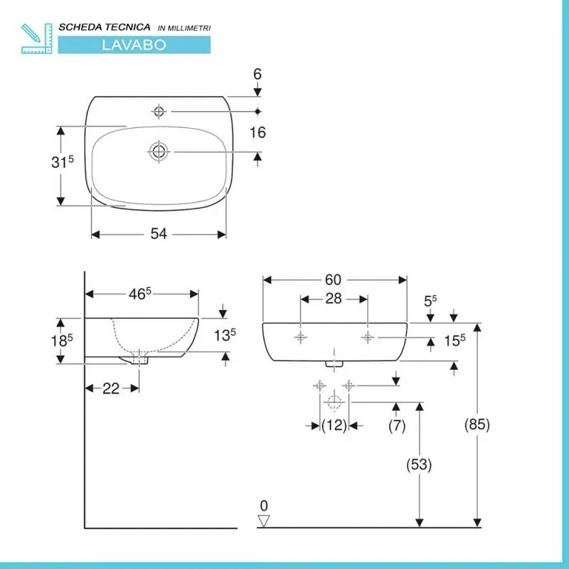Lavabo sospeso 60 cm Geberit bianco lucido monoforo Fantasia