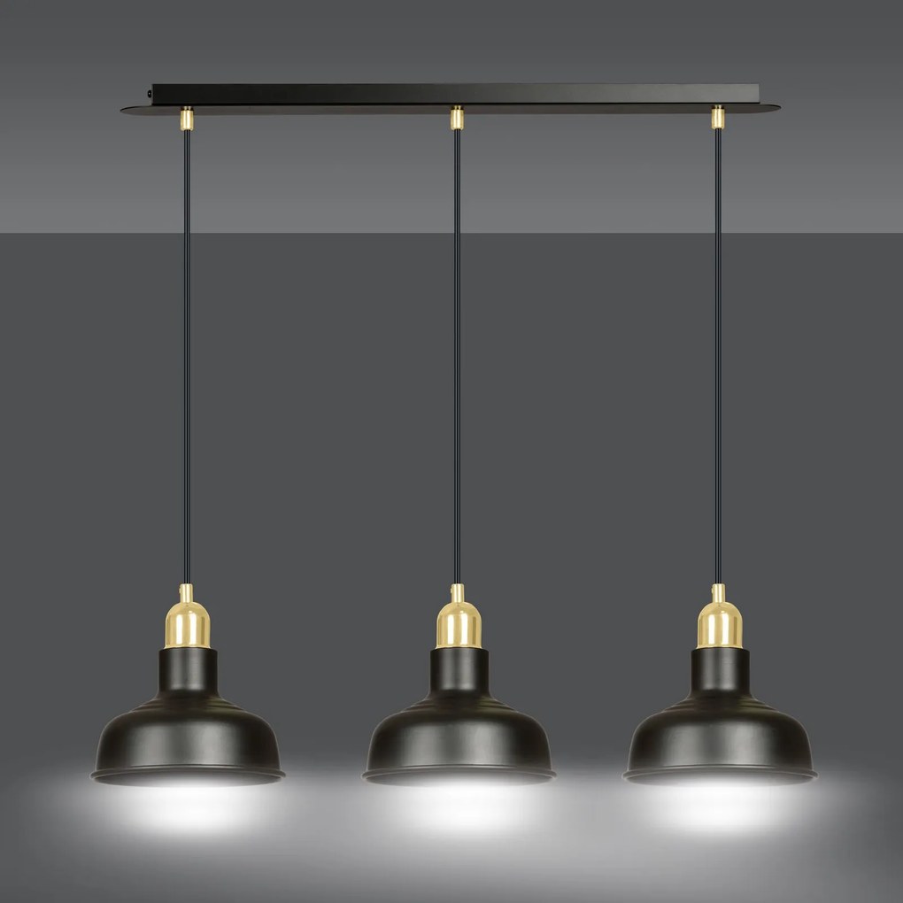 Lampadario Industrial 3 Luci Ibor In Acciaio Nero Con Elementi In Oro