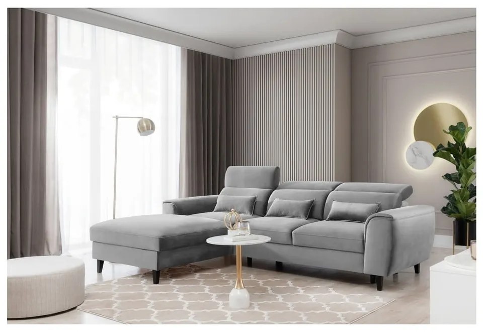 Divano angolare grigio allungabile/con contenitore (con penisola a sinistra/con chaise lounge) e rivestimento in velluto Foble – ELTAP