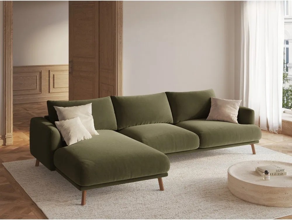 Divano angolare verde (con penisola a sinistra/con chaise lounge) con rivestimento in velluto Naomi – Micadoni