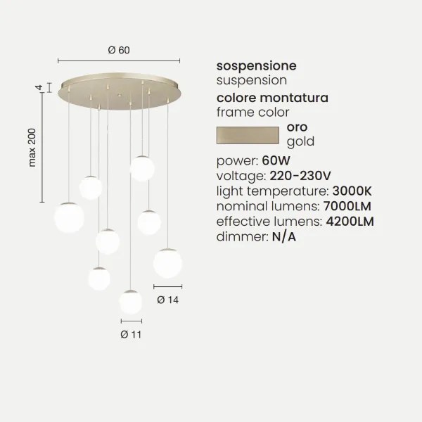 Lampada a sospensione in metallo verniciato Oro SANTOS 8 Luci Led