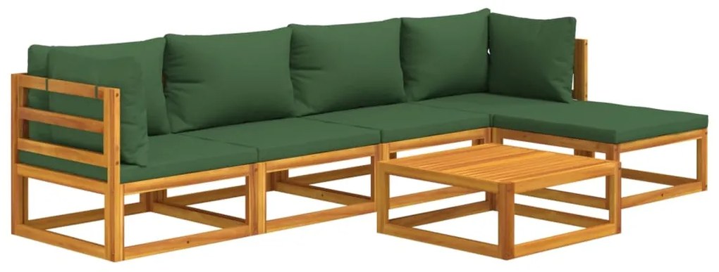 Set Salotto da Giardino 6pz con Cuscini Verdi in Legno Massello