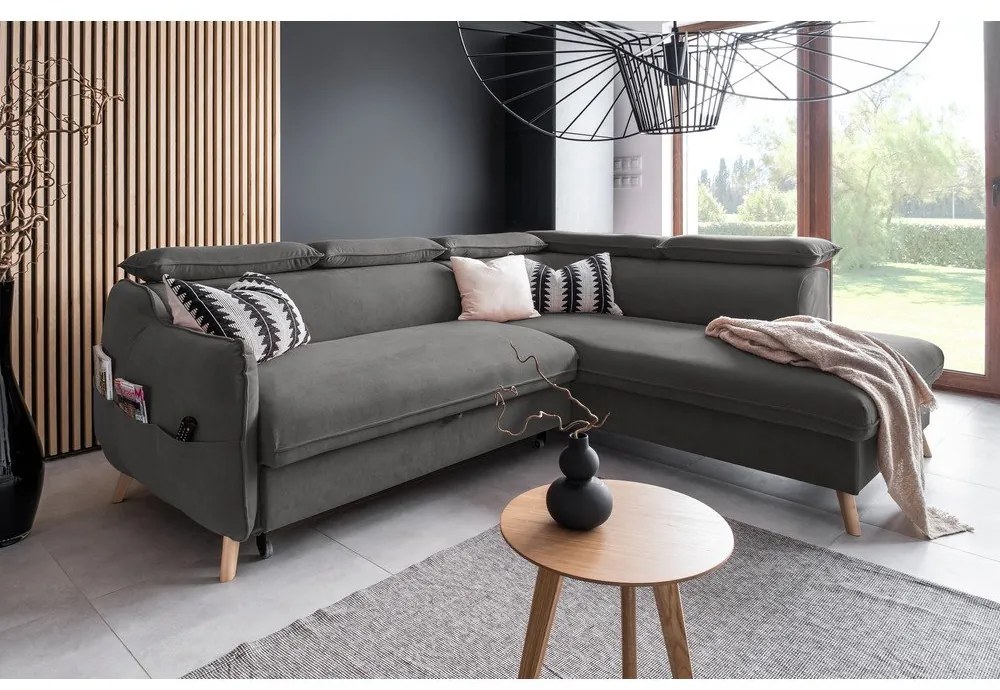 Divano letto angolare in velluto grigio scuro (angolo destro) Sweet Harmony - Miuform