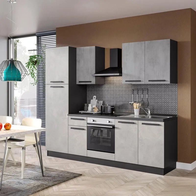 Cucina montata Dora bianco e grigio chiaro, lavello a destra, L.255 cm, completa di: cappa a camino, piano cottura a induzione, forno e frigorifero