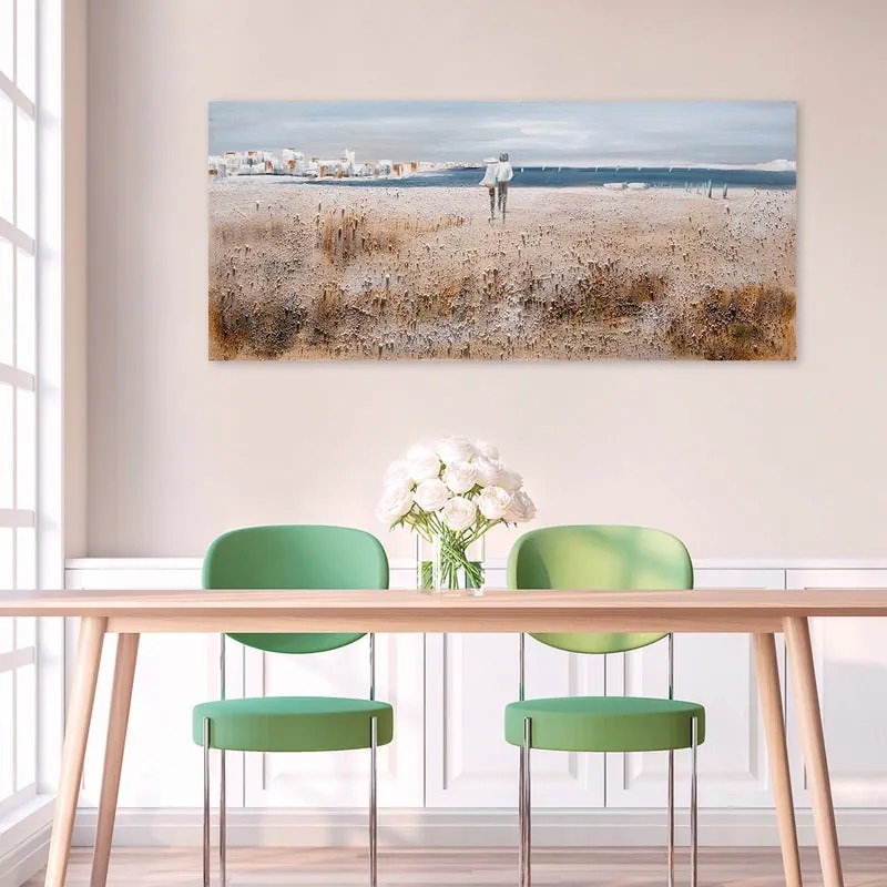 Dipinto su tela Coppia in Spiaggia, bianco, marrone, blu 65 x 150 cm