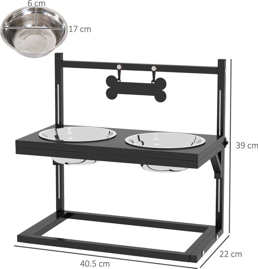 Portaciotole per Cani Rialzata con Altezza Regolabile 40,5x22x39 cm 2 Ciotole in Acciaio da 900ml Nero...