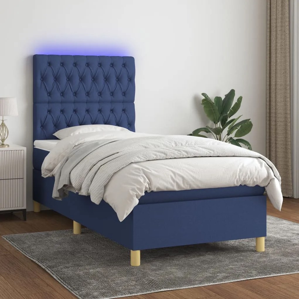 Letto a Molle con Materasso e LED Blu 90x200 cm in Tessuto