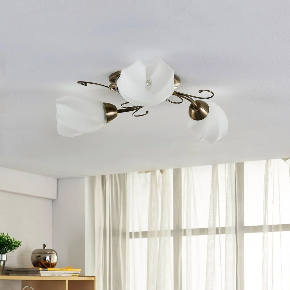 Plafoniera soffitto Amedea Lindby, dimmerabile, Bronzo / Ottone antico, Soggiorno / Sala da pranzo, Vetro, Antico, Plafoniera