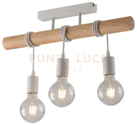 Plafoniera arizona legno naturale e metallo bianco3 luci attacco e2...