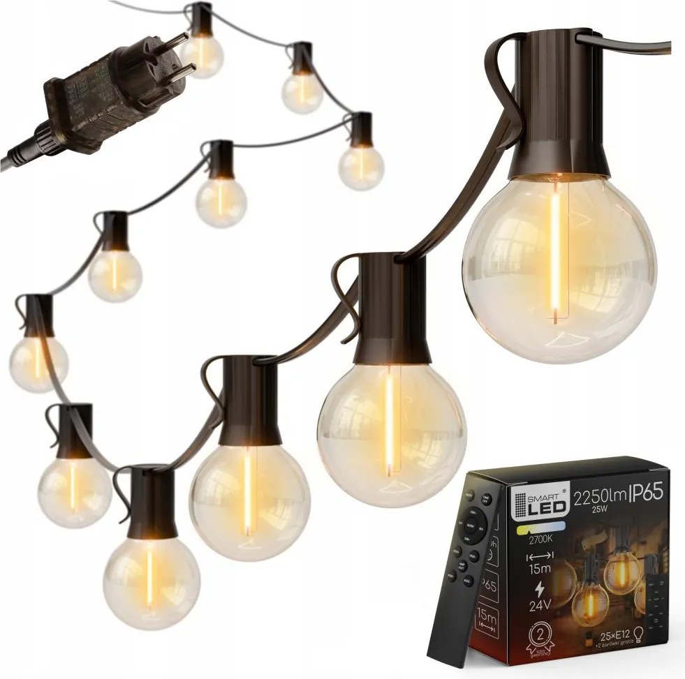 Catena luminosa da esterno a LED dimmerabile 25xE12/1W/24/230V 17,5 m IP65 nera + telecomando