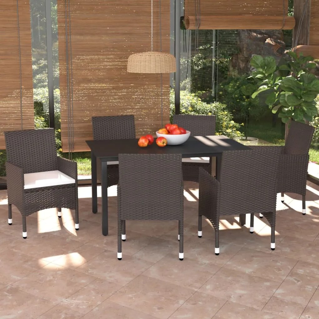 Set da pranzo da giardino 7 pz con cuscini polyrattan marrone