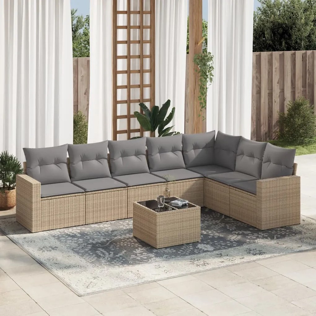 Set Divano da Giardino 8 pz con Cuscini Beige in Polyrattan