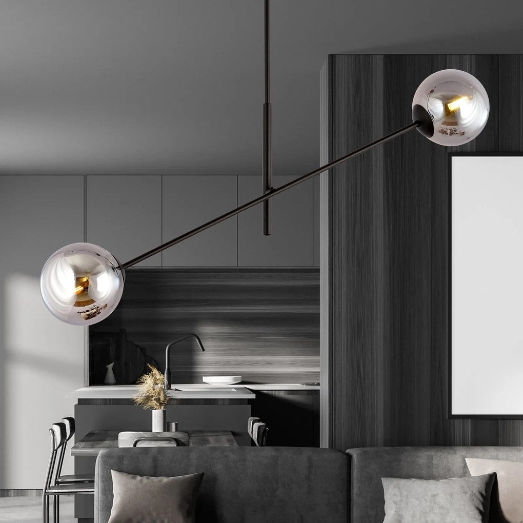 Lampadario 2 Luci Linear In Acciao Nero Con Bracci Regolabili E Vetro Fumè