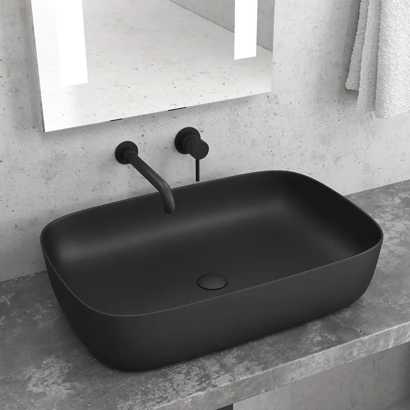 Lavabo da appoggio colore nero opaco design rettangolare arrotondato | 60cm MIL-LN - KAMALU