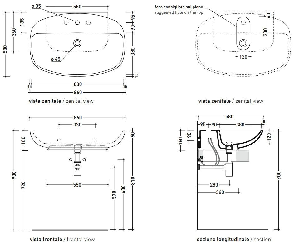 Flaminia NUDA 85 lavabo 85x58 da appoggio o sospeso monoforo con piano rubinetteria in ceramica bianco