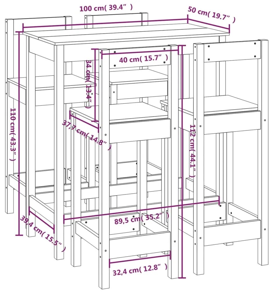 Set da Bar 5 pz Nero in Legno Massello di Pino