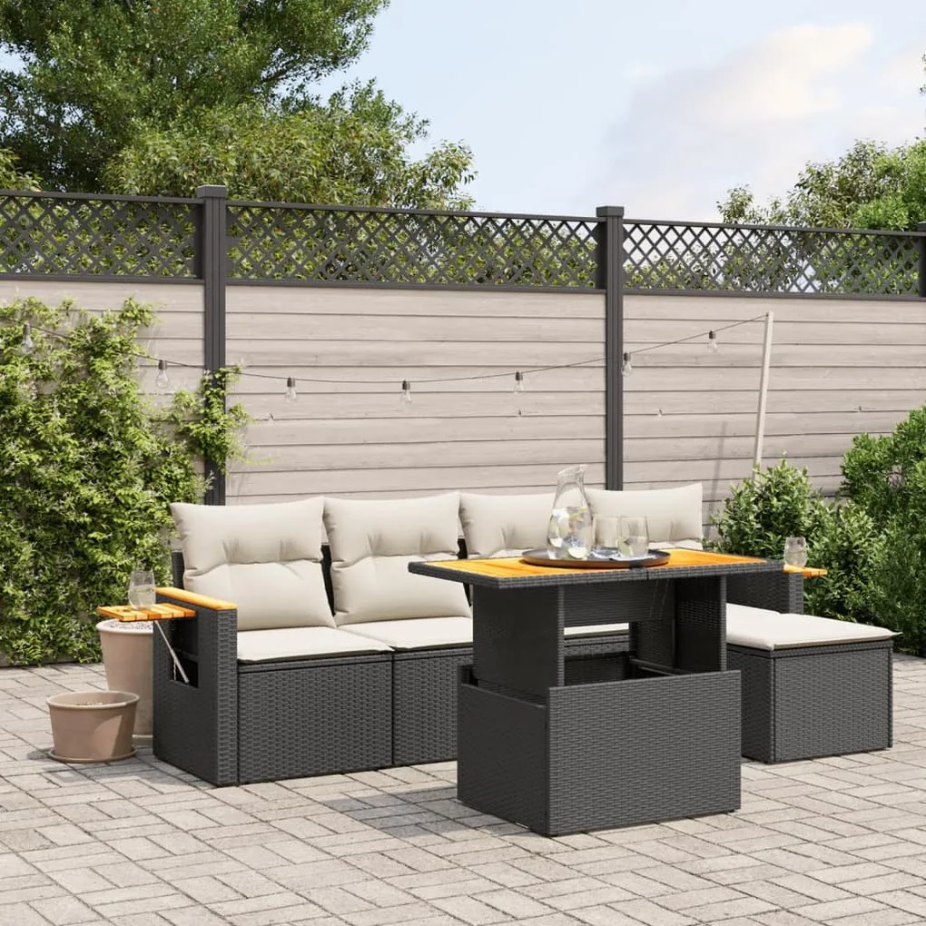 Set divano da giardino 6 pz con cuscini nero in polyrattan