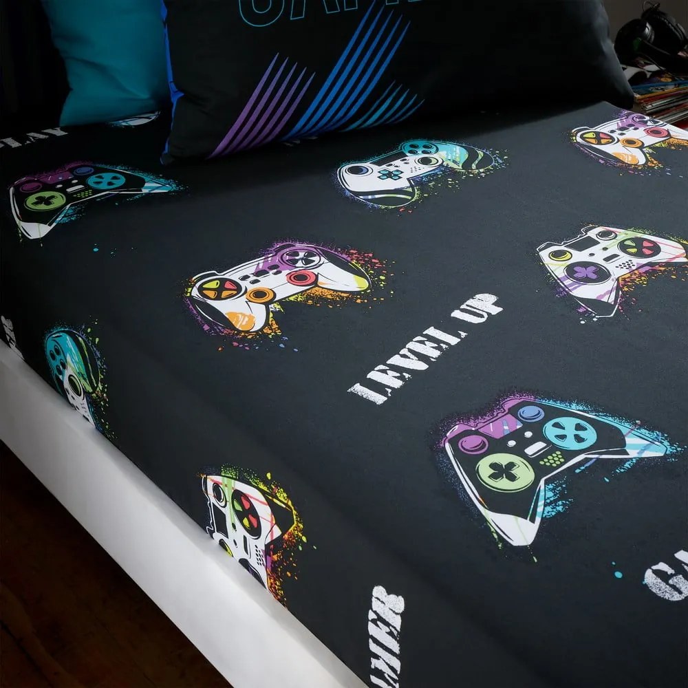 Lenzuolo con angoli per bambini nero per letto matrimoniale 135x190 cm Game Over – Catherine Lansfield