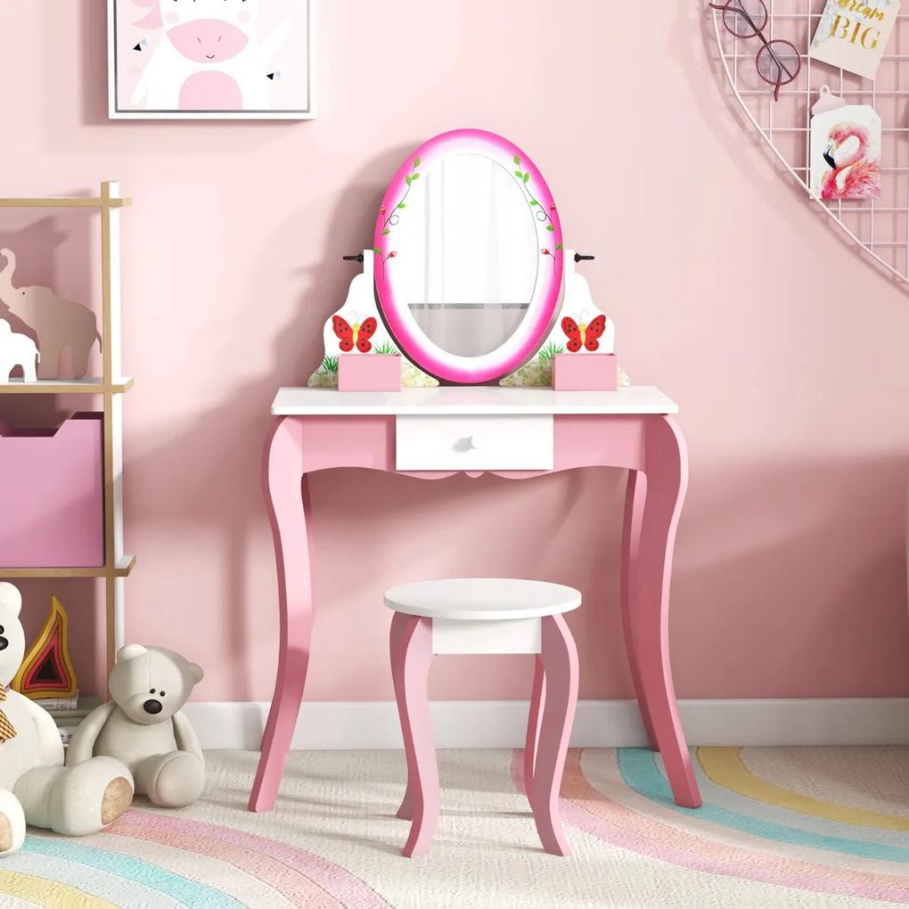 Costway Set di tavolo da toeletta e sgabello per bambini, Toeletta trucco con specchio girevole e lavagna Bianco e rosa