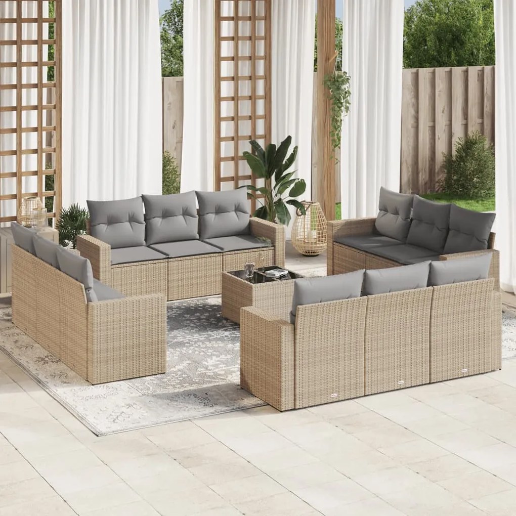 Set divano da giardino 13 pz con cuscini beige in polyrattan