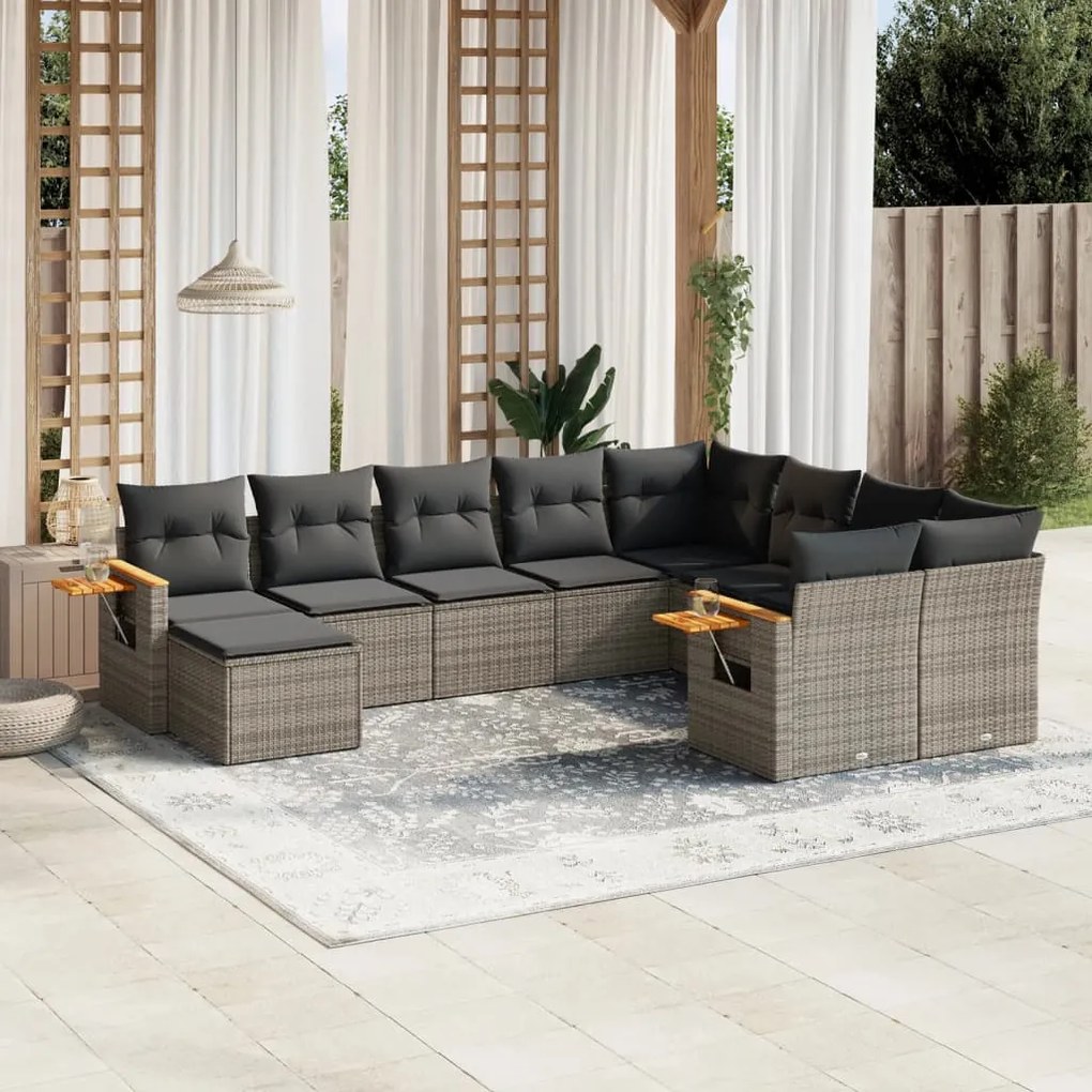 Set divano da giardino 10 pz con cuscini grigio in polyrattan