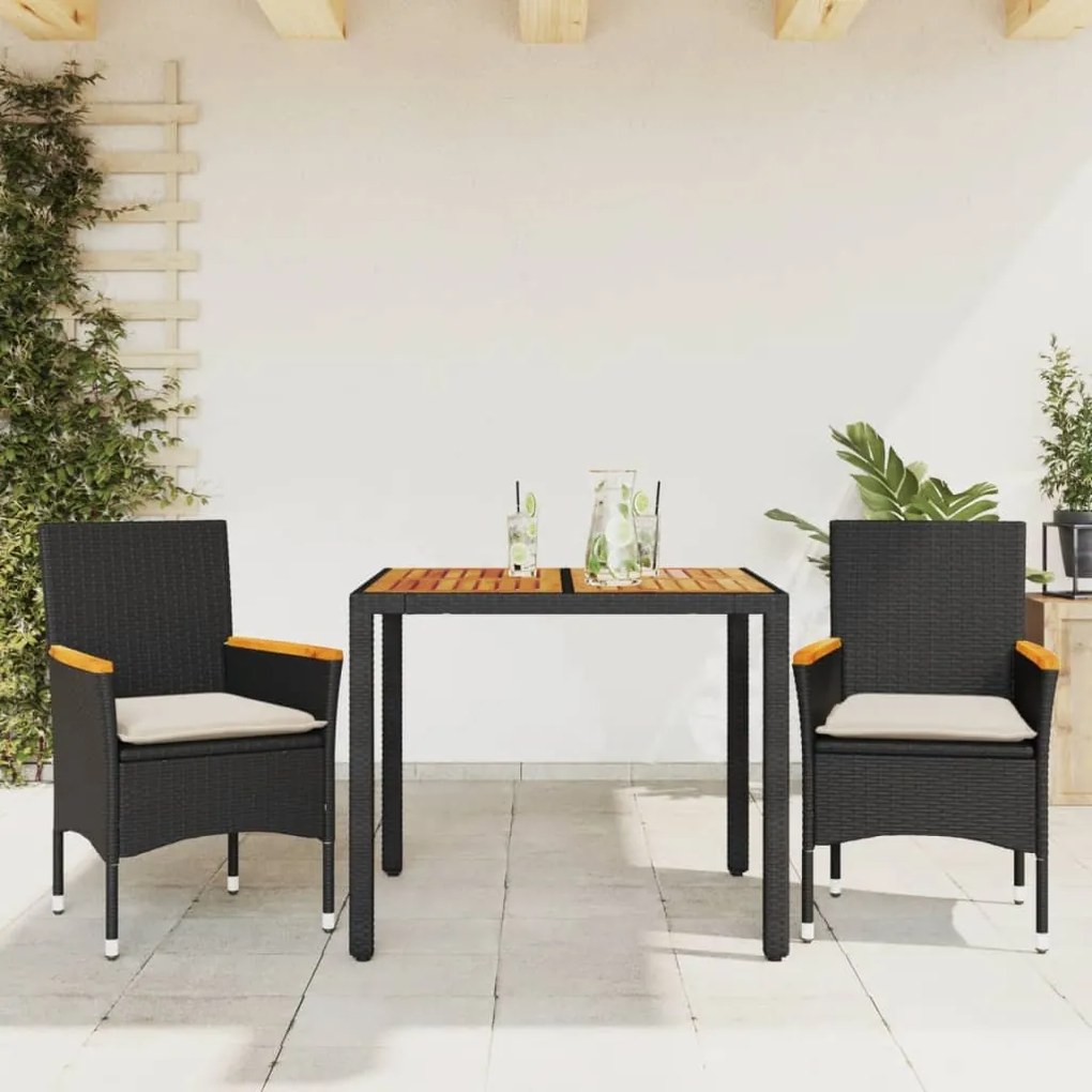 Set Pranzo Da Giardino 3 Pz Con Cuscini Nero Polyrattan Acacia /