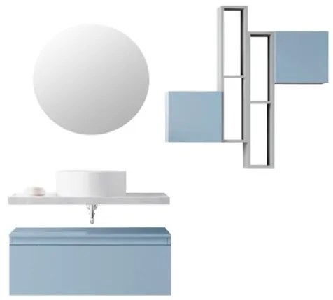 Mobile Bagno Sospeso 80 Cm Con Cassettone Blu Pastello Mensola Beton Lavabo E Specchio Aurora