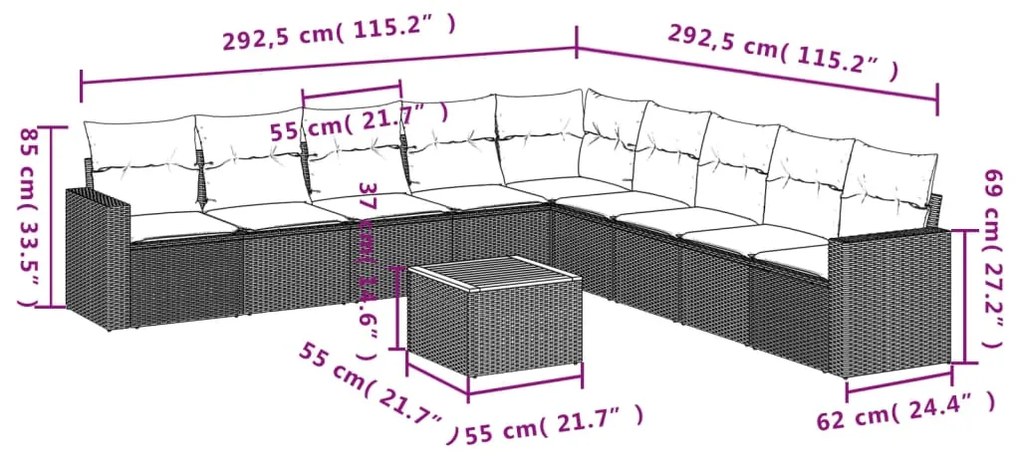 Set divano da giardino 10 pz con cuscini beige in polyrattan