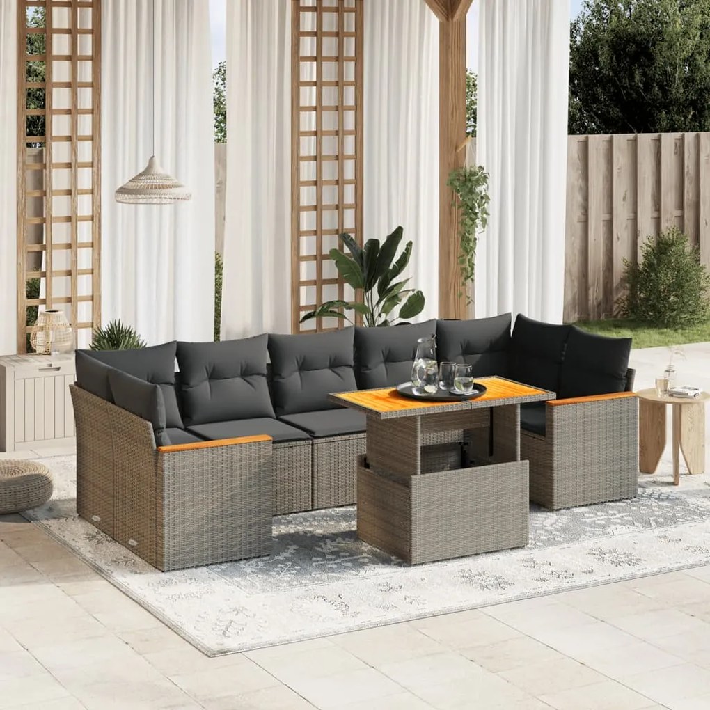 Set divano da giardino 8 pz con cuscini grigio in polyrattan