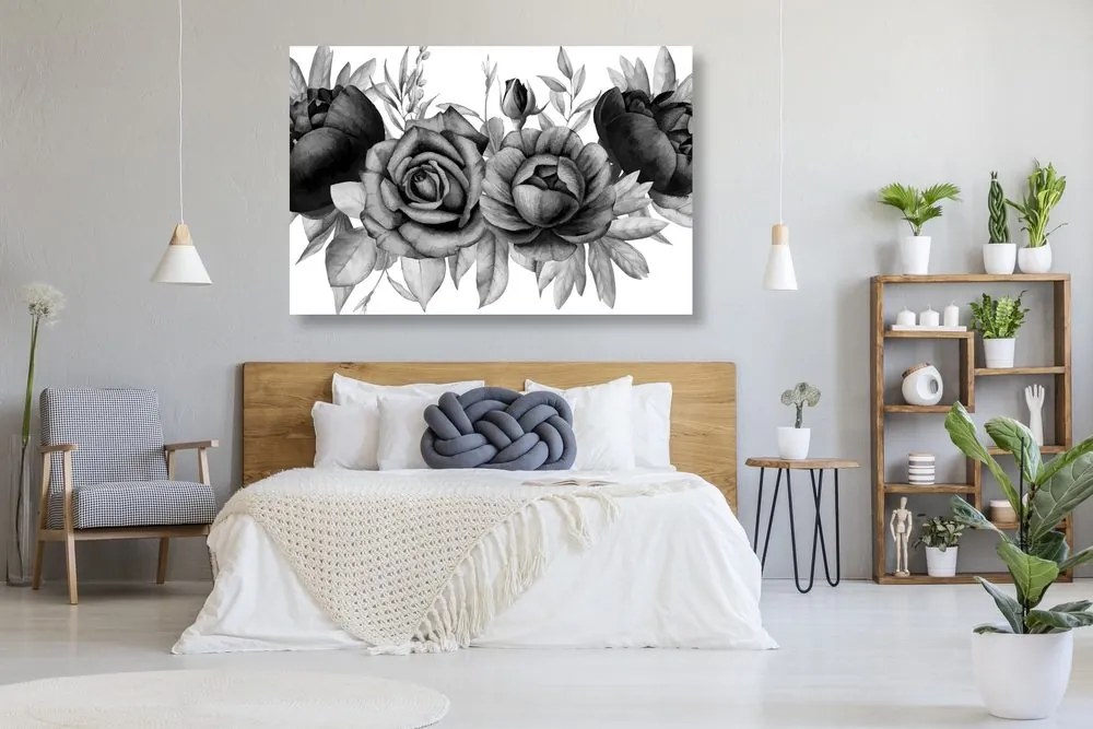 Stampa su tela – Incantevole combinazione di fiori e foglie in bianco e nero