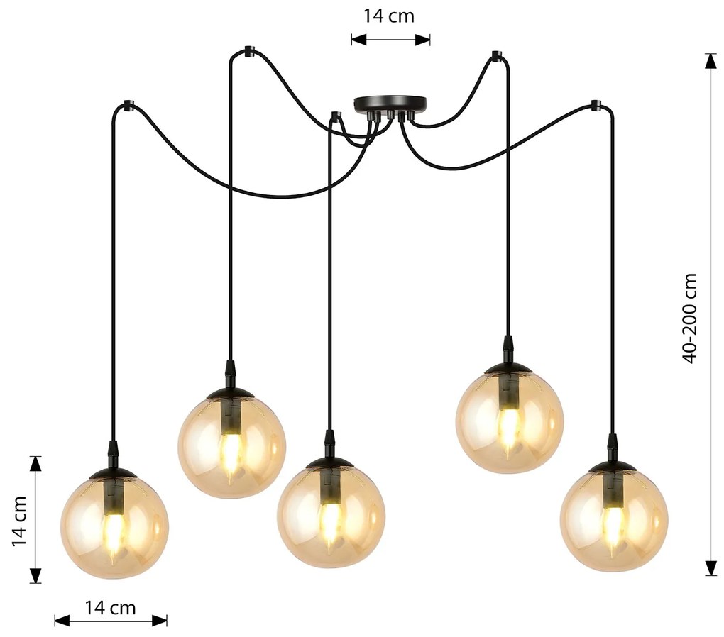 Lampadario 5 Luci Ginevra In Acciaio Nero Con Cavo Lungo E Vetri Ambra