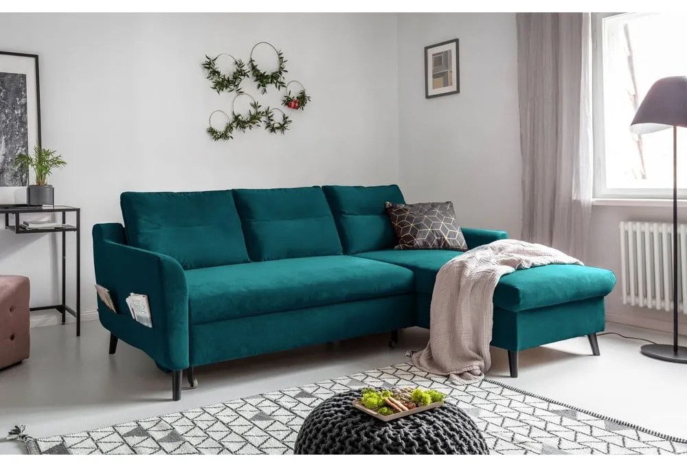 Divano letto angolare in velluto turchese, angolo destro Stylish Stan - Miuform