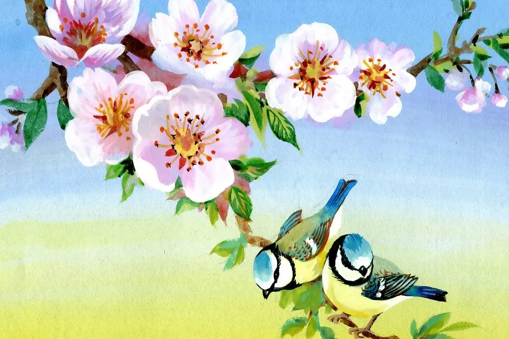 Quadro su tela – Cince e fiori in fiore