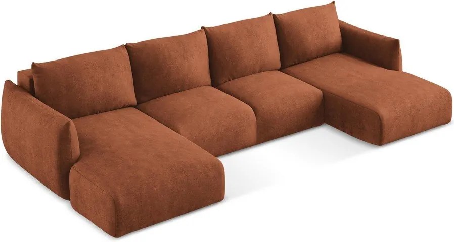 Divano angolare color terracotta allungabile (a U) con rivestimento in ciniglia Leila – Makamii