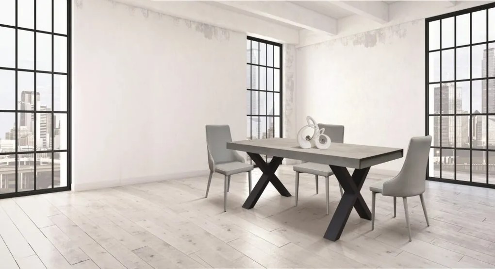 Tavolo PANZANO in legno, finitura grigio cemento e metallo verniciato antracite, allungabile 160&#215;90 cm &#8211; 250&#215;90 cm