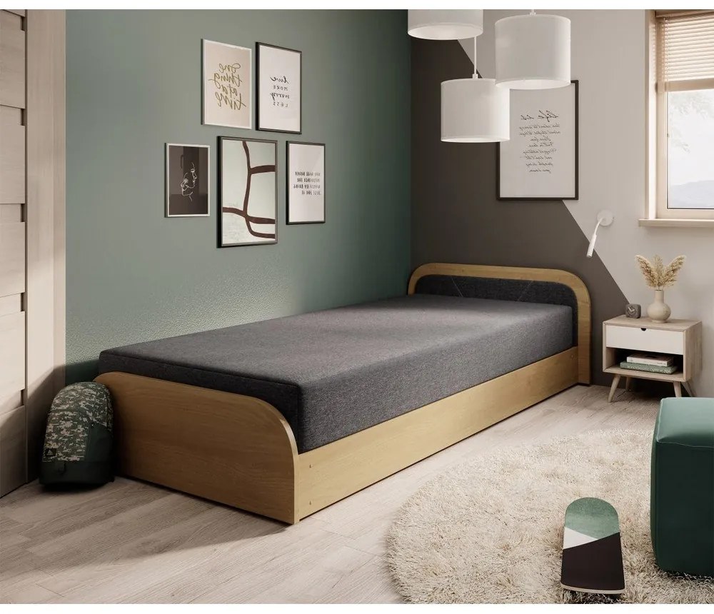 Letto singolo imbottito/in truciolato giallo ocra/grigio scuro con contenitore e materasso inclusi 80x190 cm Parys – ELTAP