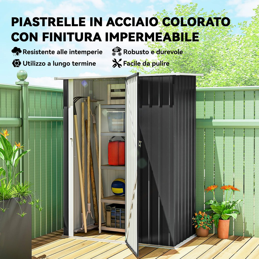 Capanno Porta Attrezzi 142x86x189 cm con Tetto Inclinato e Porta Bloccabile in Metallo Grigio Scuro...