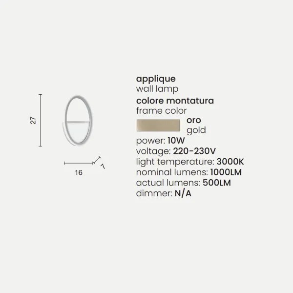 Applique Led RICE 16 cm in metallo e diffusore in acrilico Oro