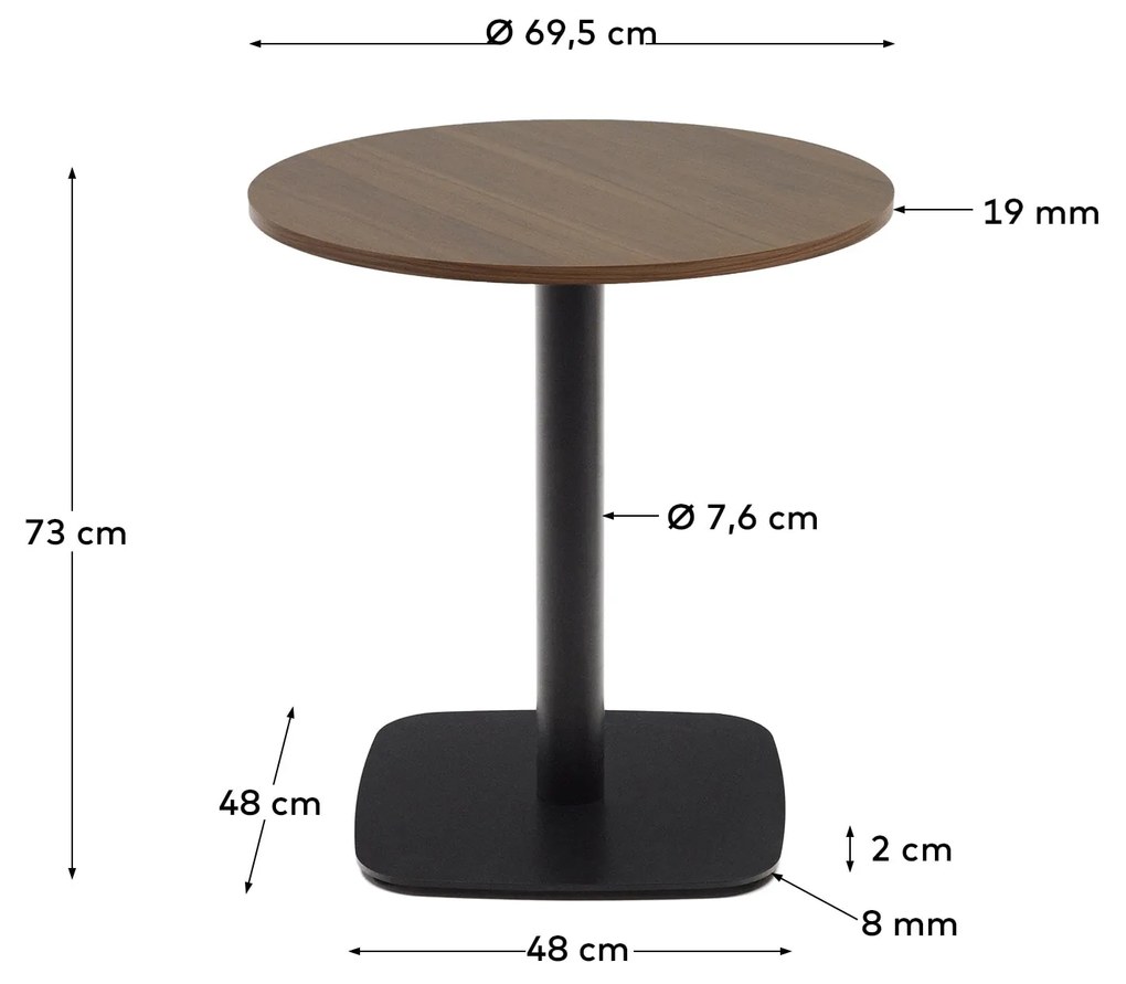 Kave Home - Tavolo rotondo Dina melammina rifinito noce con gamba in metallo rifinita in nero Ã˜ 68x70