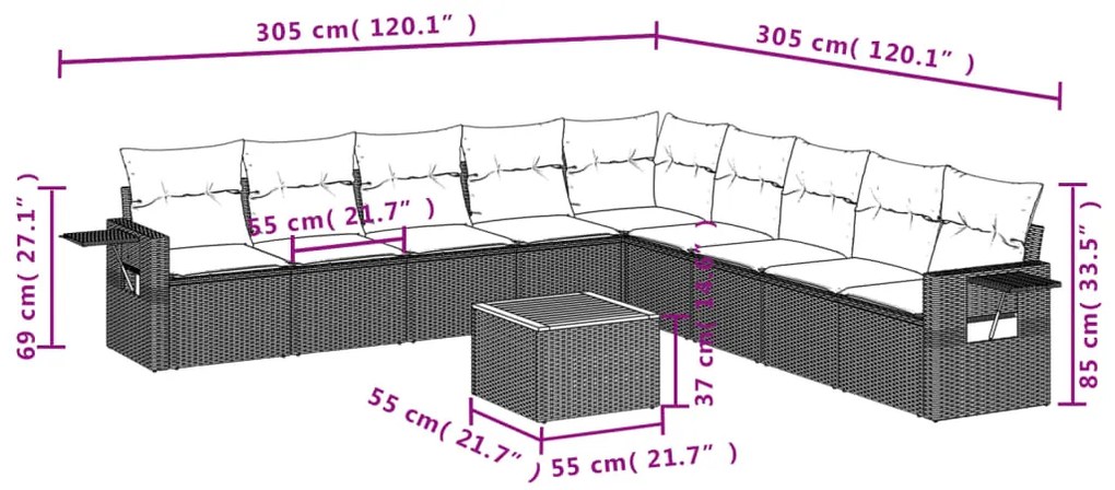 Set Divani da Giardino 10pz con Cuscini in Polyrattan Nero