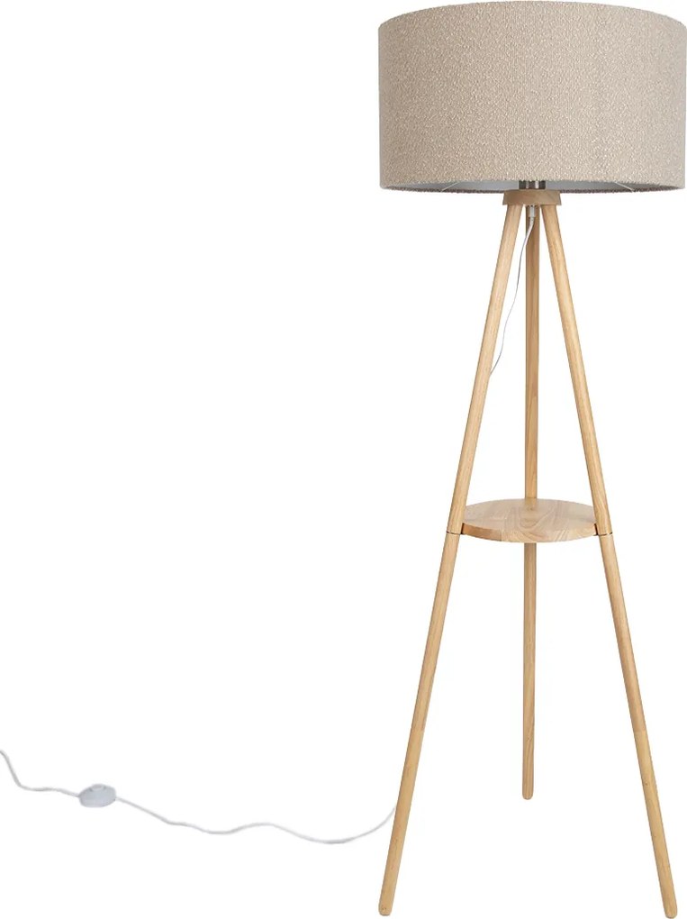 Lampada da terra a treppiede in legno con paralume in tessuto teddy beige 50 cm - Lou
