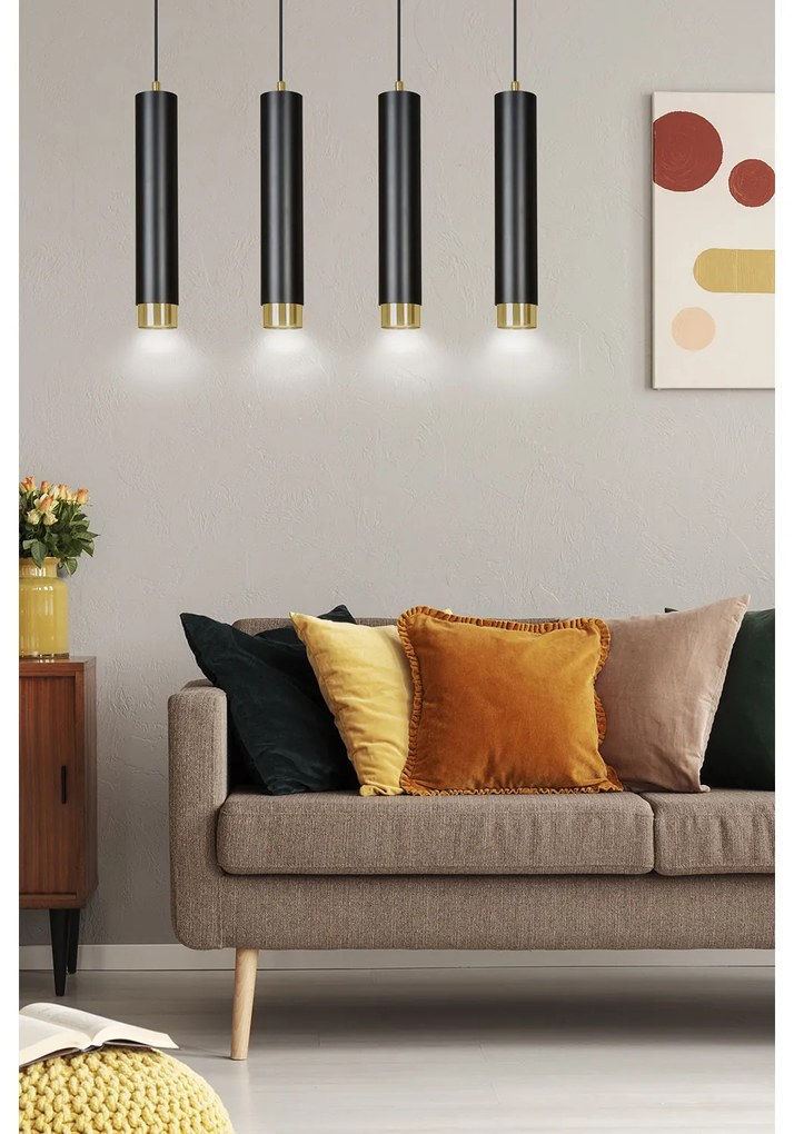Lampadario 4 Luci Brunilde In Acciaio Nero E Tubolari In Nero E Oro