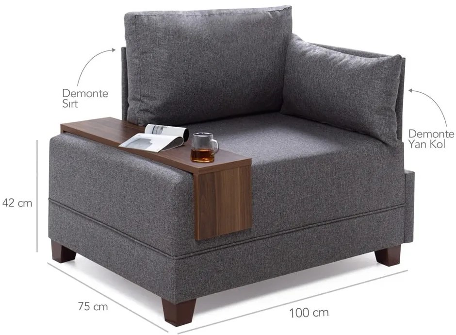 Poltrona grigia con bracciolo sul lato destro e pannello portaoggetti Martha Fly - Balcab Home