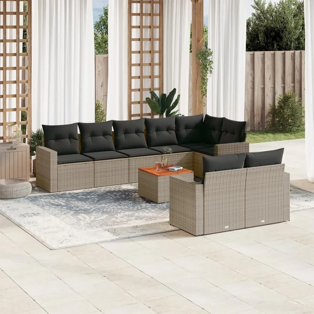 Set divano da giardino 9 pz con cuscini grigio in polyrattan