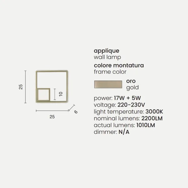 Applique DOWEL 25x25 cm in metallo verniciato Oro
