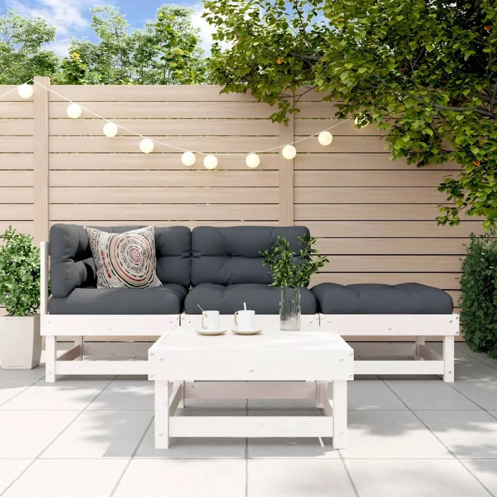 Set Divani da Giardino 4pz con Cuscini in Legno Massello Bianco