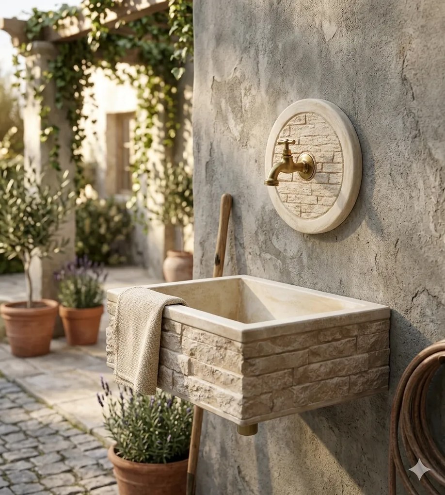 Lavello Rettangolare da Esterno 45x35 cm con Rosone Installazione a Muro in Cemento Mattone Faccia a Vista Meseta Nocciola...