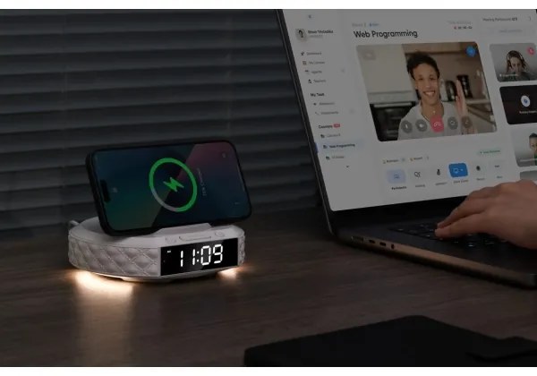 Immax 08983L - Sveglia con display LCD e ricarica wireless Qi 27W/9V bianco