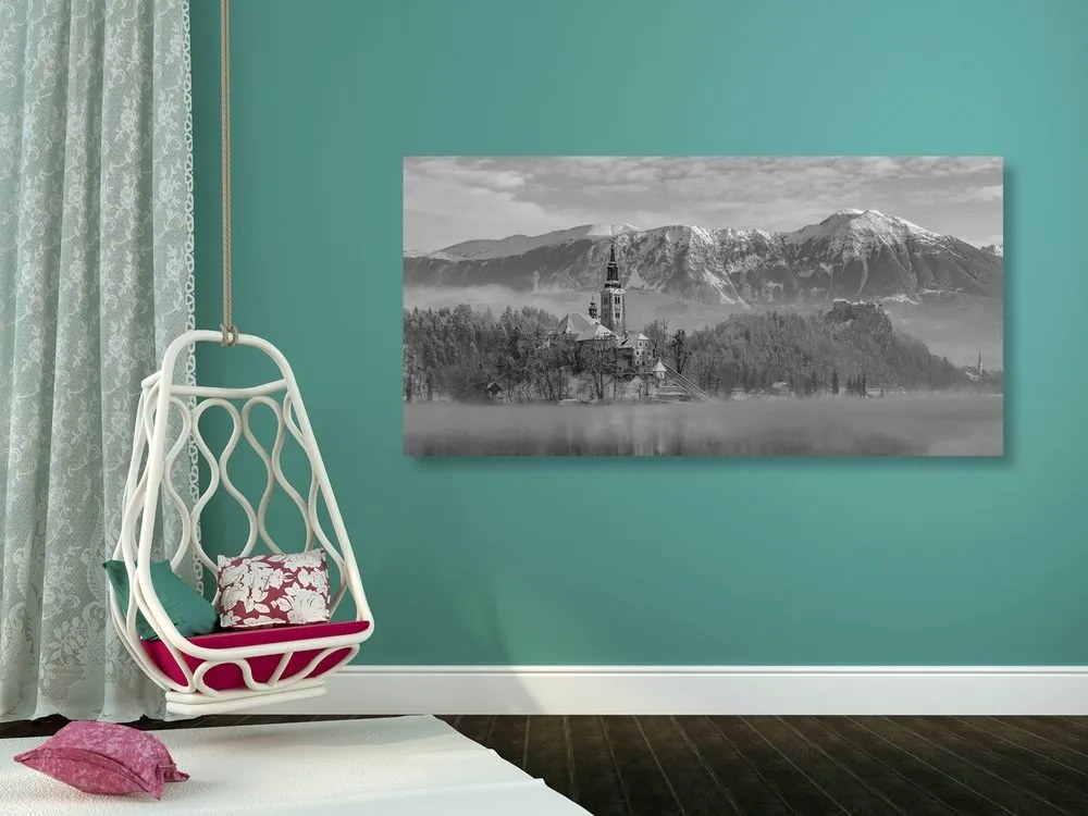Stampa su tela – Chiesa sul lago Bled in Slovenia in bianco e nero