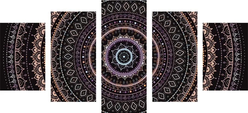 Quadri 5 pezzi – Mandala con motivo del sole in sfumature di viola